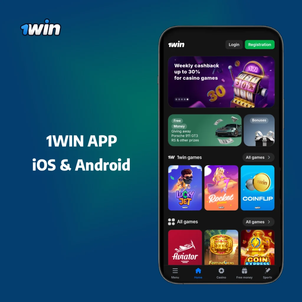 1Win app preview on mobile showing casino and games interface