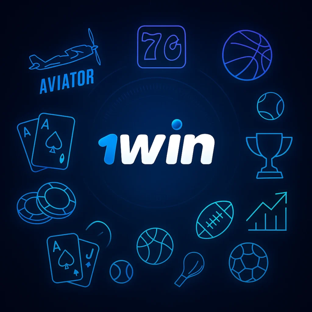 1Win USA online casino and sports betting graphic with neon icons